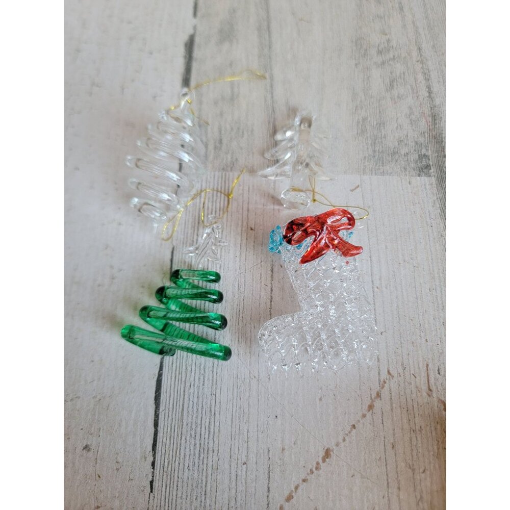 Miniature Xmas glass‎ art tree stocking vintage ornament set swirl unique